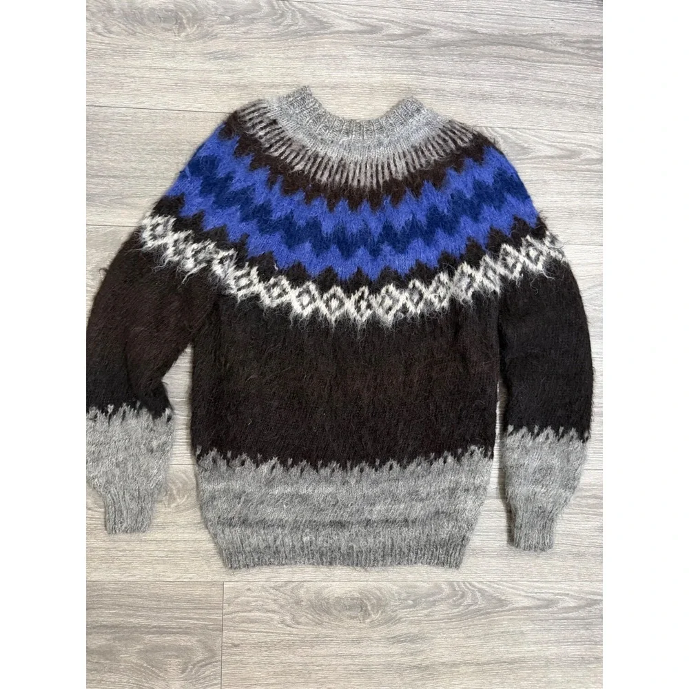 Vintage 90s Rev Wear 100% Alpaca Wool Fair Isle Sweater M Men Brown Blue Bolivia